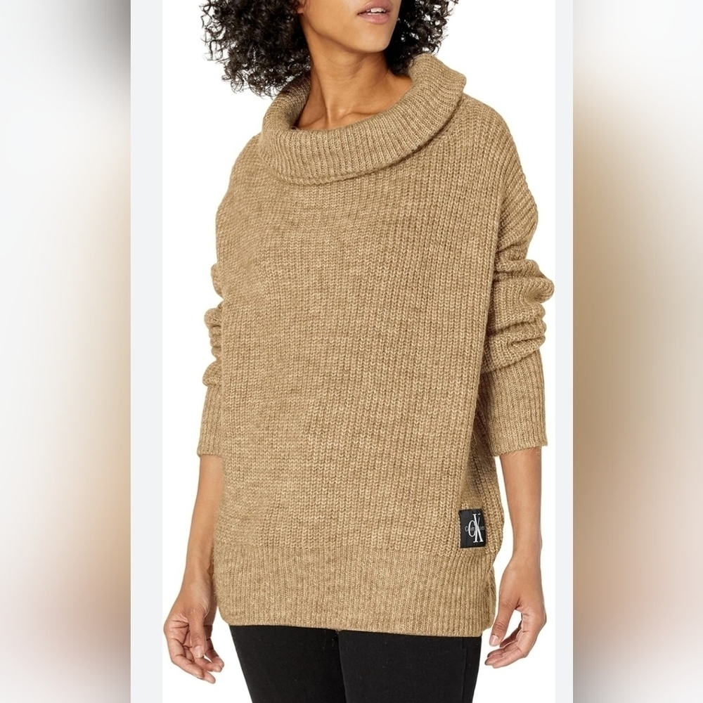 Calvin Klein Cozy Tan Knit Cowl Neck Oversized Sweater, Size M